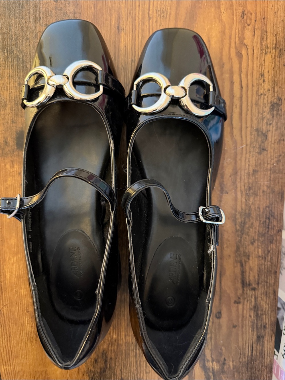 Ardene Black Patent Mary Jane Flats with Gold Chain Detail